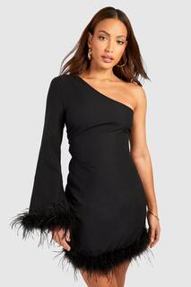 Мини-платье Tall на одно плечо с пышной отделкой перьями boohoo, черный