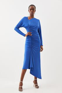Платье макси из крепа из джерси со сборками и длинными рукавами Karen Millen, синий