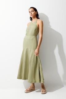 Платье макси из льна и вискозы с воротником халтер Karen Millen, зеленый
