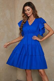 Мини-платье из биоразлагаемого хлопка с V-образным вырезом и оборками по подолу FS Collection, синий
