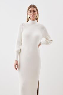 Платье макси косой вязки из смеси вискозы с воротником-воронкой Karen Millen, белый