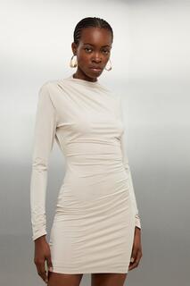 Мини-платье из джерси-крепа со сборками и длинными рукавами Karen Millen, белый