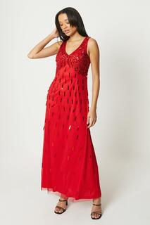 Платье макси с V-образным вырезом и бисером Debut London Debenhams, красный