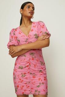 Мини-платье из сетки с V-образным вырезом и цветочным принтом Oasis, розовый