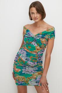 Мини-платье из сетки со сборками и цветочным принтом Oasis, зеленый
