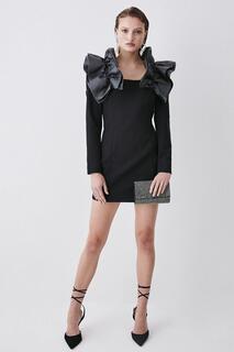 Мини-платье из структурированного креп-жаккарда с рюшами на плечах Karen Millen, черный