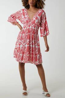 Мини-платье оверсайз с рукавами 3/4 и V-образным вырезом с цветочным принтом HOXTON GAL, красный