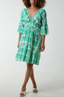 Мини-платье оверсайз с рукавами 3/4 и V-образным вырезом с цветочным принтом HOXTON GAL, зеленый