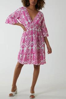 Мини-платье оверсайз с рукавами 3/4 и V-образным вырезом с цветочным принтом HOXTON GAL, розовый