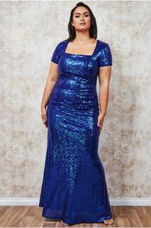 Платье макси с вырезом портрета и пайетками Goddiva, синий