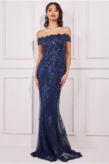 Платье макси с вышивкой пайетками Bardot Goddiva, темно-синий