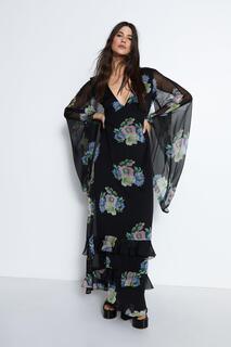 Платье макси с глубоким вырезом и цветочным принтом с рукавами-водопадами Warehouse, черный