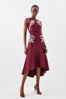 Украшенное бандажное трикотажное платье миди с высоким и низким подолом Karen Millen, красный