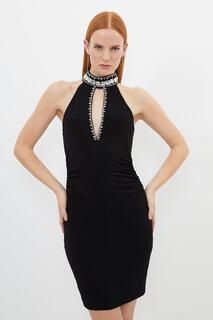 Украшенное мини-платье из крепа с вырезом в виде замочной скважины Karen Millen, черный