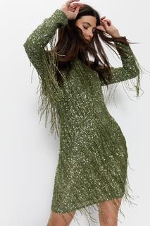 Мини-платье с бахромой и кисточками, украшенное вручную Warehouse, зеленый