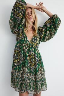 Мини-платье с блестящим принтом и V-образным вырезом Warehouse, зеленый