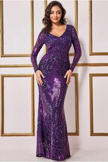 Платье макси с длинными рукавами и пайетками контрастного цвета Goddiva, фиолетовый