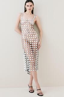 Платье макси с зеркальным разрезом по бокам Karen Millen, серебро