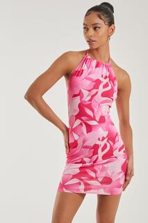 Мини-платье с высоким воротом и тропическим принтом Pink Vanilla, розовый