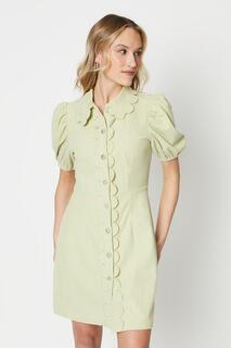 Вельветовое мини-платье с фестончатым воротником и воротником-стойкой Oasis, зеленый