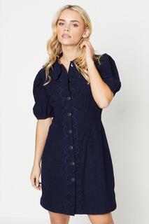 Вельветовое мини-платье Petite с фестончатым воротником Oasis, темно-синий