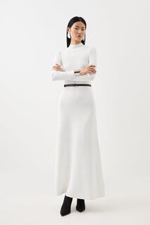 Платье миди в рубчик из смесовой вискозы с поясом Karen Millen, белый