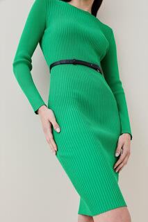 Платье миди в рубчик из смесовой вискозы с поясом Karen Millen, зеленый