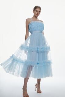 Многоярусное платье миди из тюля-бандо Karen Millen, синий