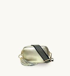 Золотая кожаная сумка для телефона Mini с кисточками и черно-золотым ремешком с шевроном Apatchy London, золото
