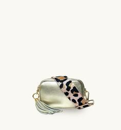 Золотая кожаная сумка для телефона Mini с кисточками и бледно-розовым леопардовым ремешком Apatchy London, золото