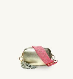 Золотая кожаная сумка для телефона Mini с кисточками и неоново-розовым ремешком с вышивкой крестиком Apatchy London, золото