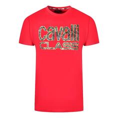 Красная футболка со змеиной кожей и логотипом Cavalli Class, красный