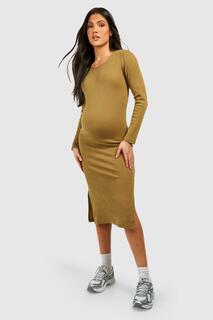 Платье миди в рубчик с длинными рукавами для беременных boohoo, хаки