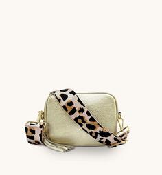 Золотая кожаная сумка через плечо с бледно-розовым леопардовым ремешком Apatchy London, золото