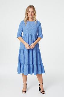 Многоярусное платье миди с рукавами 3/4 в горошек Izabel London, синий