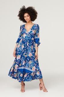 Многоярусное платье миди с цветочным принтом в стиле ампир Izabel London, синий