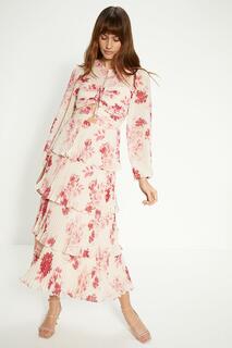 Многоярусное платье миди со складками и цветочным принтом Oasis, белый