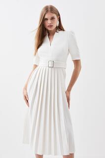 Платье миди со складками и поясом из структурированного крепа Forever Karen Millen, белый