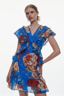 Тканое мини-платье с графической кружевной отделкой и цветочным принтом Karen Millen, мультиколор