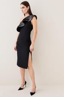 Платье миди-карандаш с жаккардовым узором и контрастными рюшами Karen Millen, черный