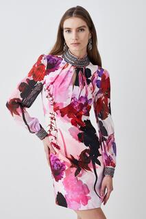 Тканое мини-платье с цветочной отделкой Diamante Karen Millen, розовый