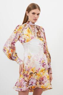Тканое мини-платье со шлейфом и цветочным принтом Karen Millen, мультиколор
