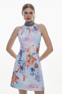 Тканое мини-платье с цветочной отделкой Diamante Karen Millen, мультиколор