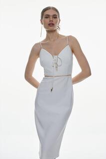 Тканое облегающее платье миди из крепа с кружевной отделкой Scuba Karen Millen, белый
