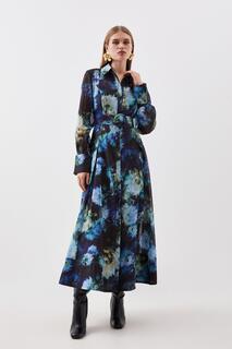 Тканое платье макси из органди с цветочным принтом и длинными рукавами Karen Millen, синий