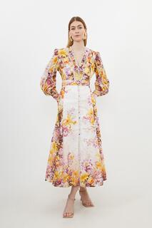 Тканое платье макси с глубоким вырезом и цветочным принтом Petite Karen Millen, мультиколор
