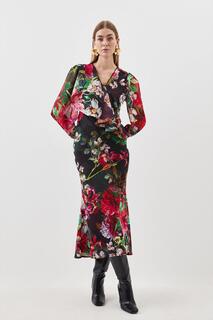 Тканое платье макси с поясом из жоржетта с цветочным принтом Garden Karen Millen, мультиколор