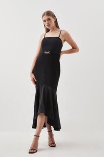 Тканое платье миди из крепа с атласной спинкой и высоким низким подолом Bardot Karen Millen, черный