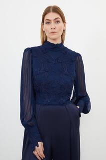 Кружевная блузка с аппликацией Karen Millen, темно-синий