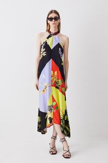 Тканое платье миди с высоким воротником и цветочным принтом с бретелькой на шее Karen Millen, мультиколор